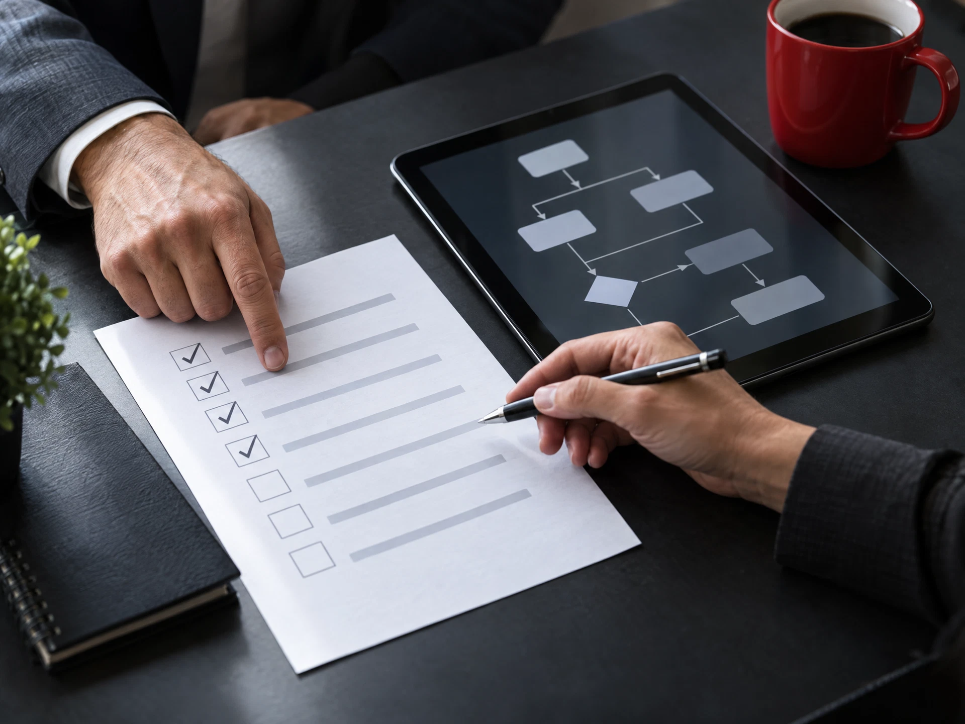 Mãos revisando processos e controles sobre uma mesa de trabalho